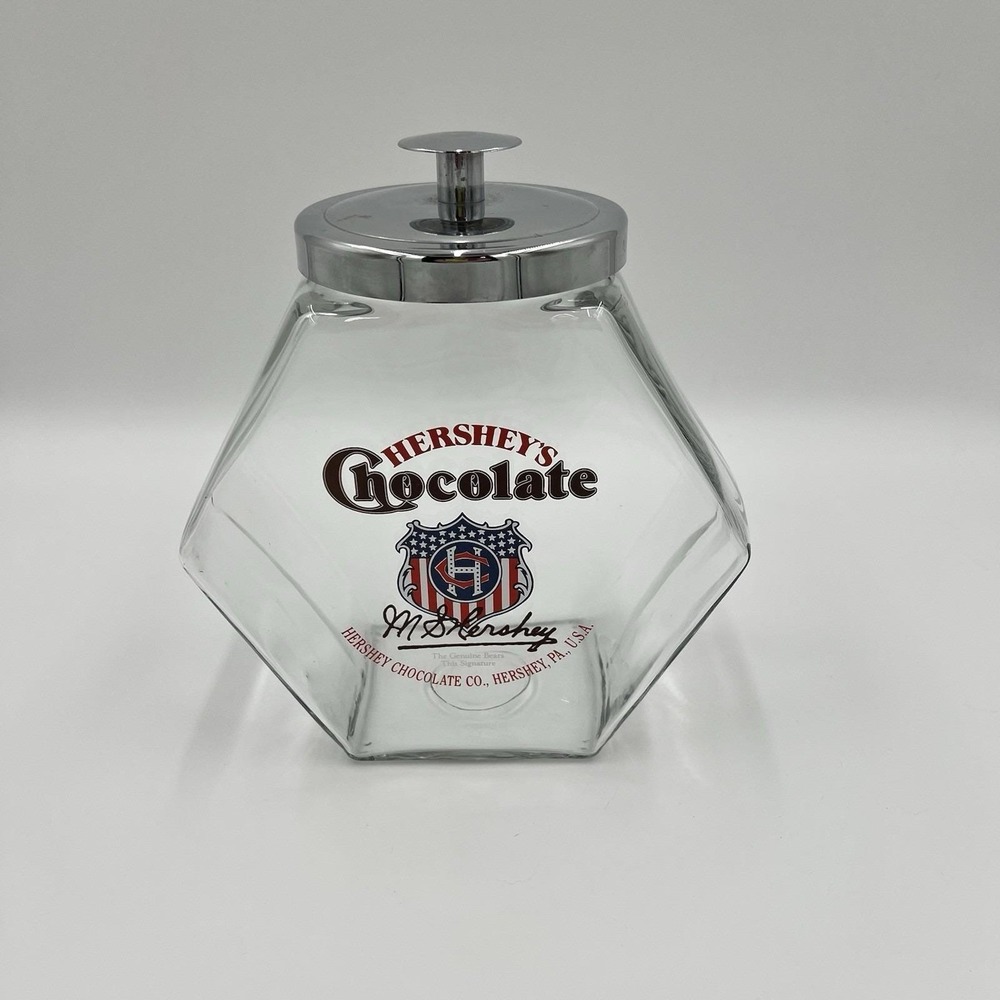 Vintage Hershey's Chocolate Glass Candy Jar Hexagonal Diamond Shape Chrome Lid